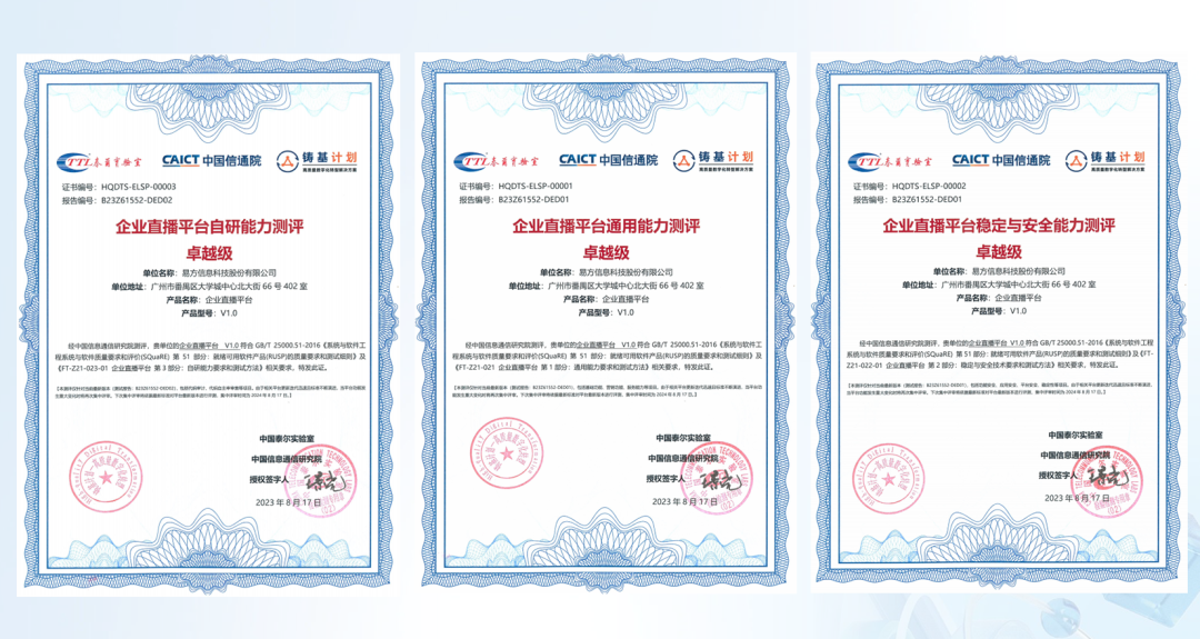 保利威企業直播平臺榮獲中國信通院“鑄基計劃”三項卓越級評測認證 保利威企業直播平臺榮獲中國信通院“鑄基計劃”三項卓越級評測認證